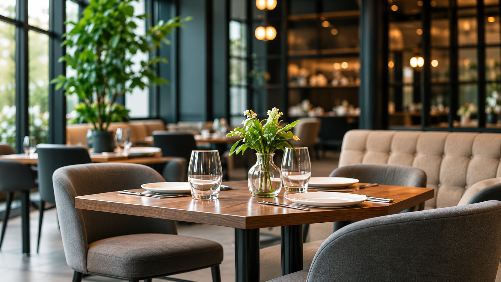 Warm modern restaurant dining room